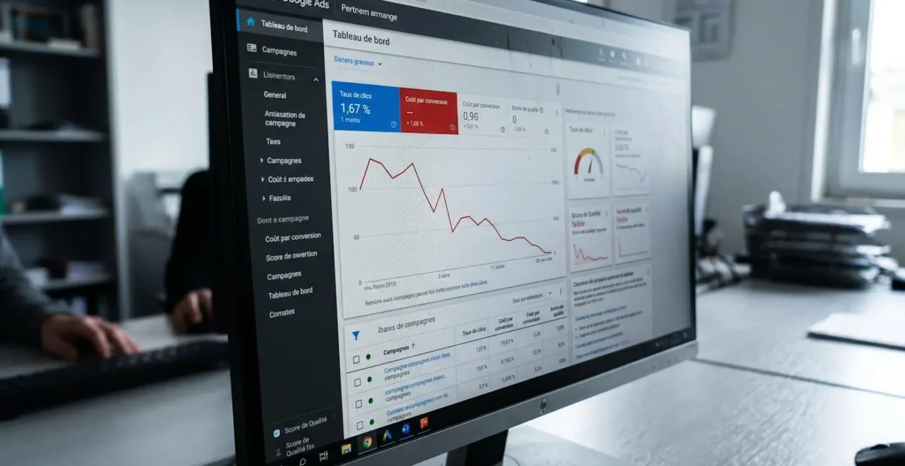 Gros plan sur un écran d'ordinateur affichant des graphiques Google Ads avec des indicateurs de performance en baisse et des alertes rouges