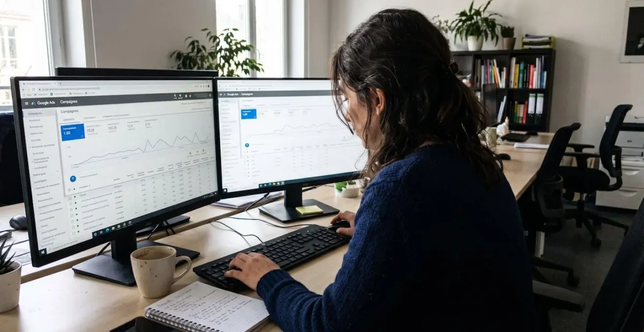 Un professionnel travaillant seul devant deux écrans affichant l'interface de gestion Google Ads dans un bureau lumineux