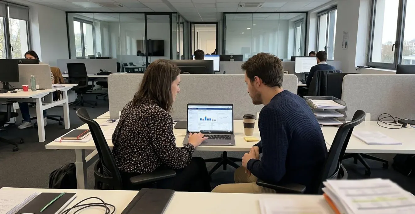 Deux professionnels marketing analysant des tableaux de bord de performance Google Ads sur un ordinateur portable dans un bureau moderne