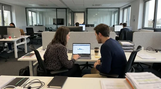 Deux professionnels marketing analysant des tableaux de bord de performance Google Ads sur un ordinateur portable dans un bureau moderne