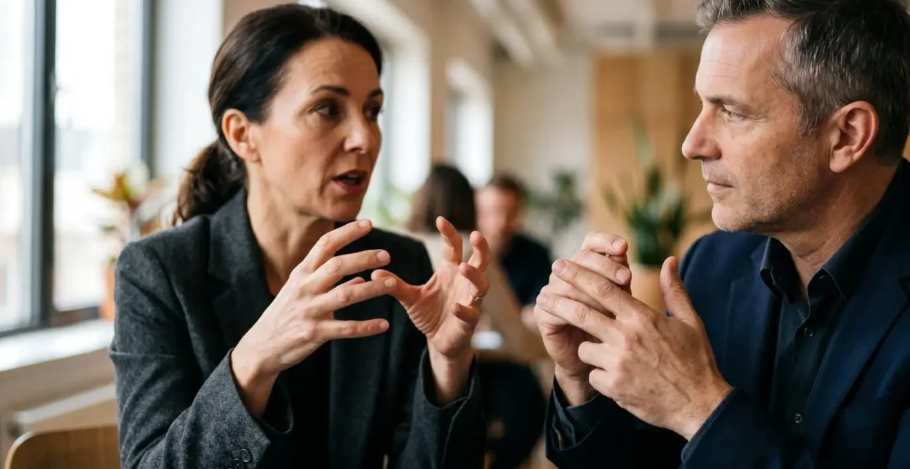 Gros plan sur des mains gesticulant lors d'une discussion stratégique, symbolisant l'échange critique entre client et agence