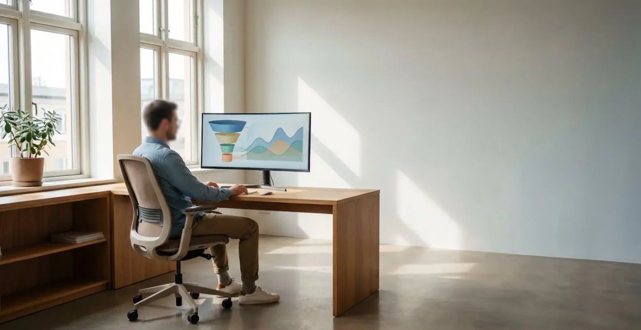 Professionnel en environnement moderne travaillant sur une stratégie de génération de leads avec données et métriques en arrière-plan