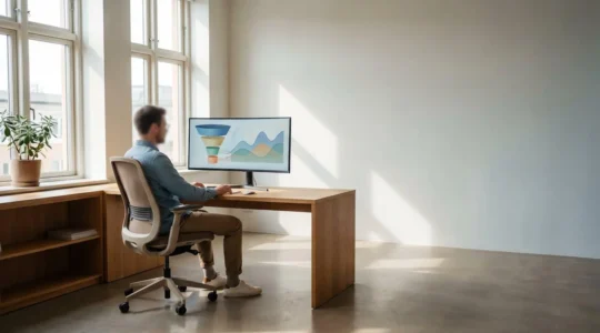 Professionnel en environnement moderne travaillant sur une stratégie de génération de leads avec données et métriques en arrière-plan