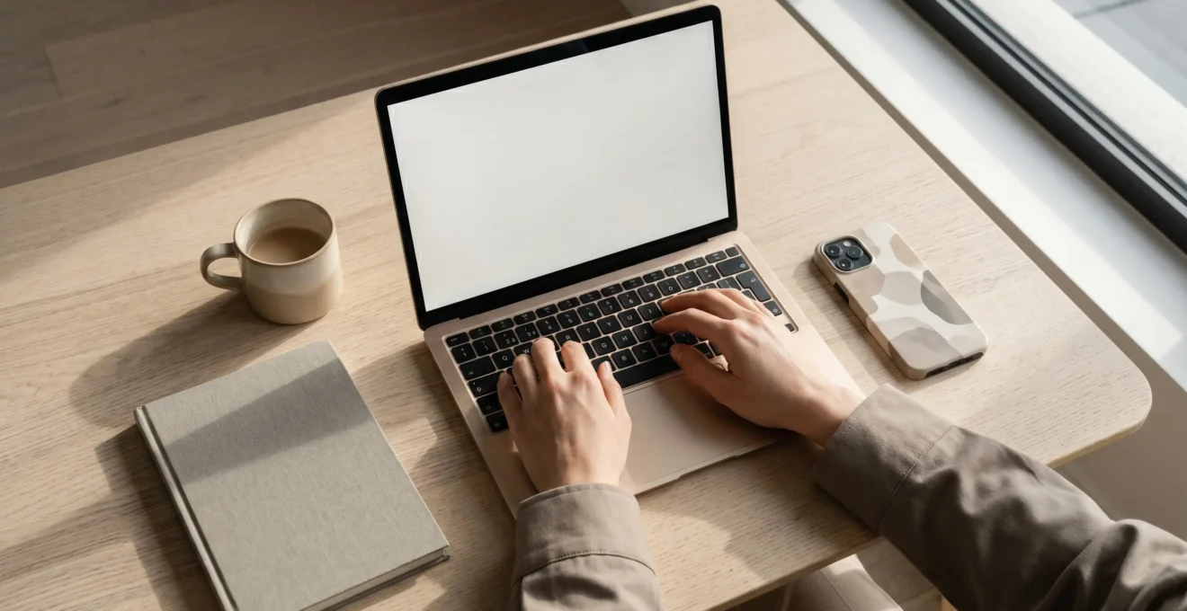 Vue aérienne d'un bureau épuré avec des mains travaillant sur un ordinateur portable, symbolisant le lancement stratégique d'un site web