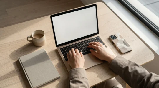 Vue aérienne d'un bureau épuré avec des mains travaillant sur un ordinateur portable, symbolisant le lancement stratégique d'un site web