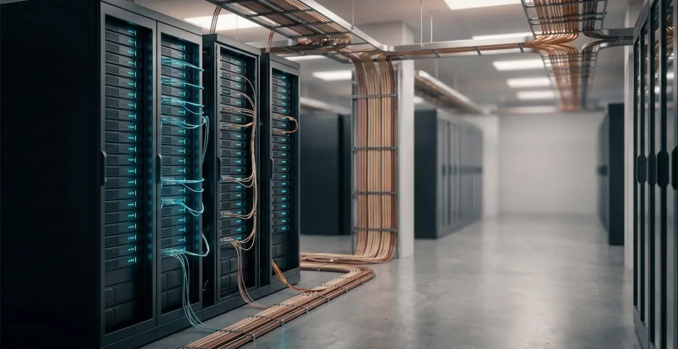 Infrastructure de serveur VPS moderne avec câbles réseaux et équipements datacenter pour hébergement haute performance