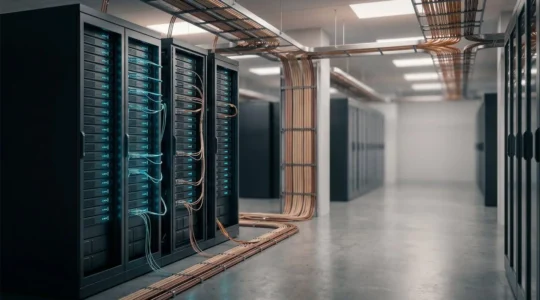 Infrastructure de serveur VPS moderne avec câbles réseaux et équipements datacenter pour hébergement haute performance