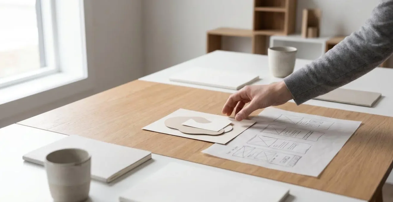 Vue en plongée d'un environnement de travail minimaliste montrant des espaces de réflexion UX sans éléments textuels