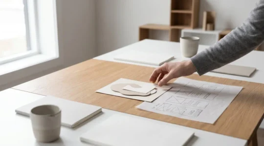 Vue en plongée d'un environnement de travail minimaliste montrant des espaces de réflexion UX sans éléments textuels