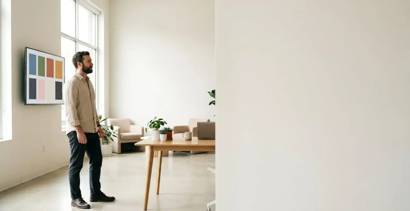Professionnel devant une grille minimaliste de projets soigneusement sélectionnés dans un environnement lumineux et épuré