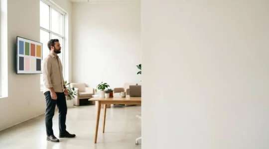 Professionnel devant une grille minimaliste de projets soigneusement sélectionnés dans un environnement lumineux et épuré
