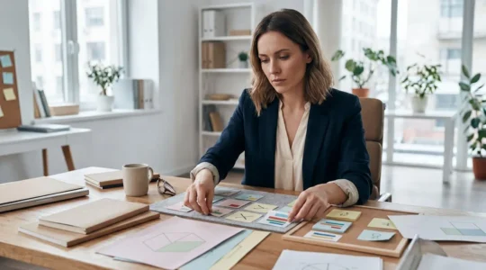 Professionnel du marketing digital travaillant sur la création de personas clients avec des notes et des insights comportementaux