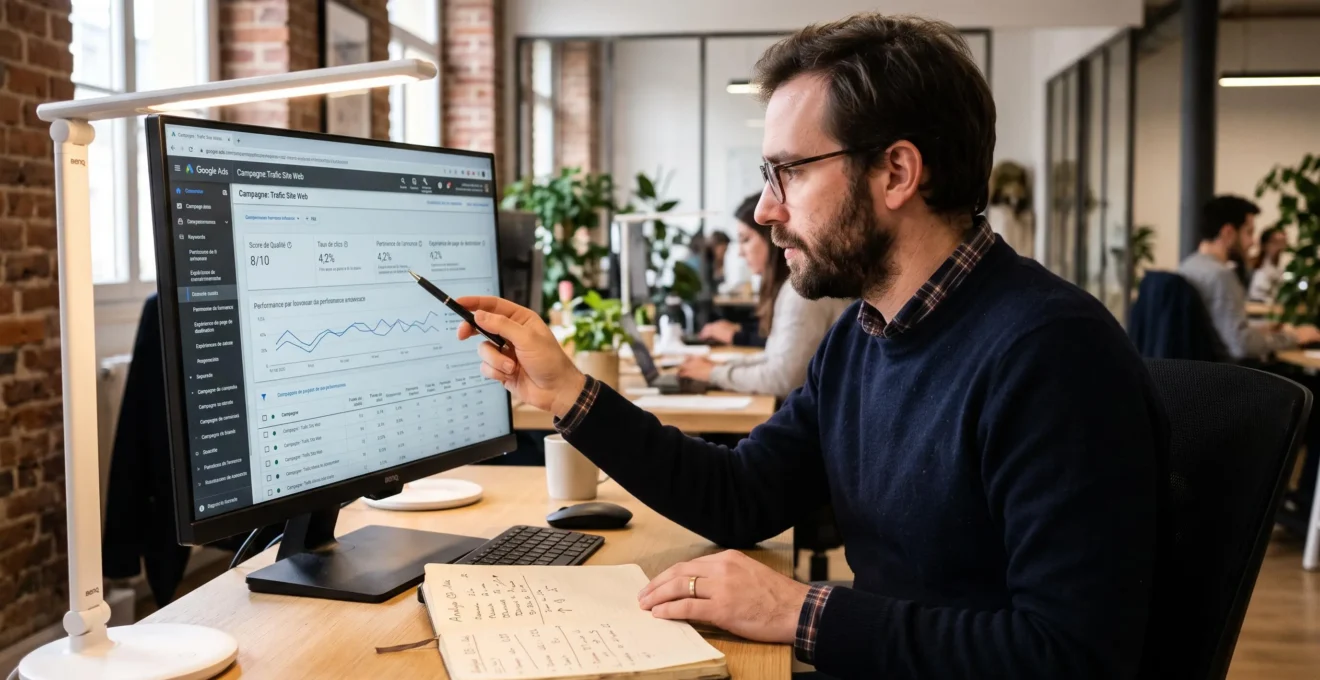 Spécialiste marketing digital analysant le Quality Score et les indicateurs de qualité dans l'interface Google Ads