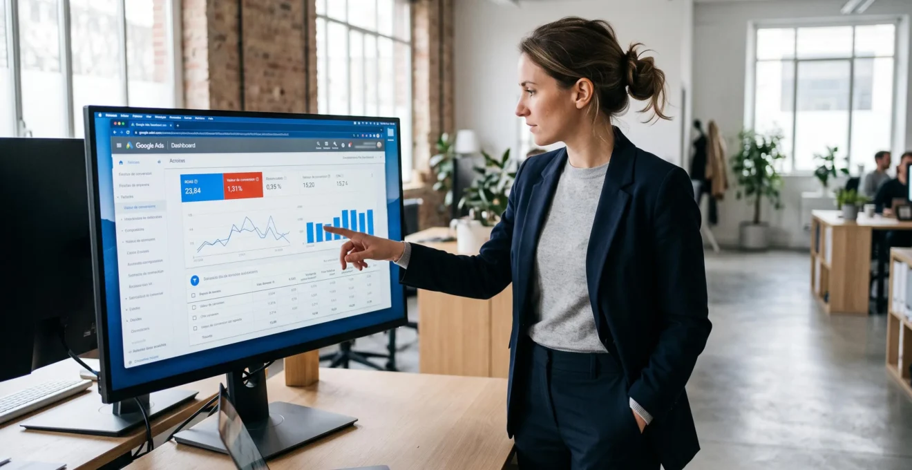 Professionnel du marketing digital analysant des métriques de performance Google Ads sur un écran d'ordinateur dans une agence