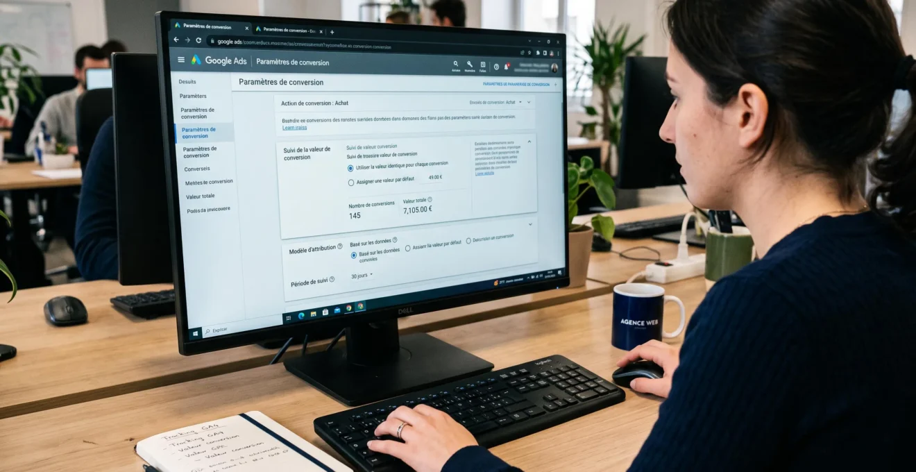 Vue rapprochée d'une spécialiste configurant le suivi de la valeur des conversions dans l'interface Google Ads